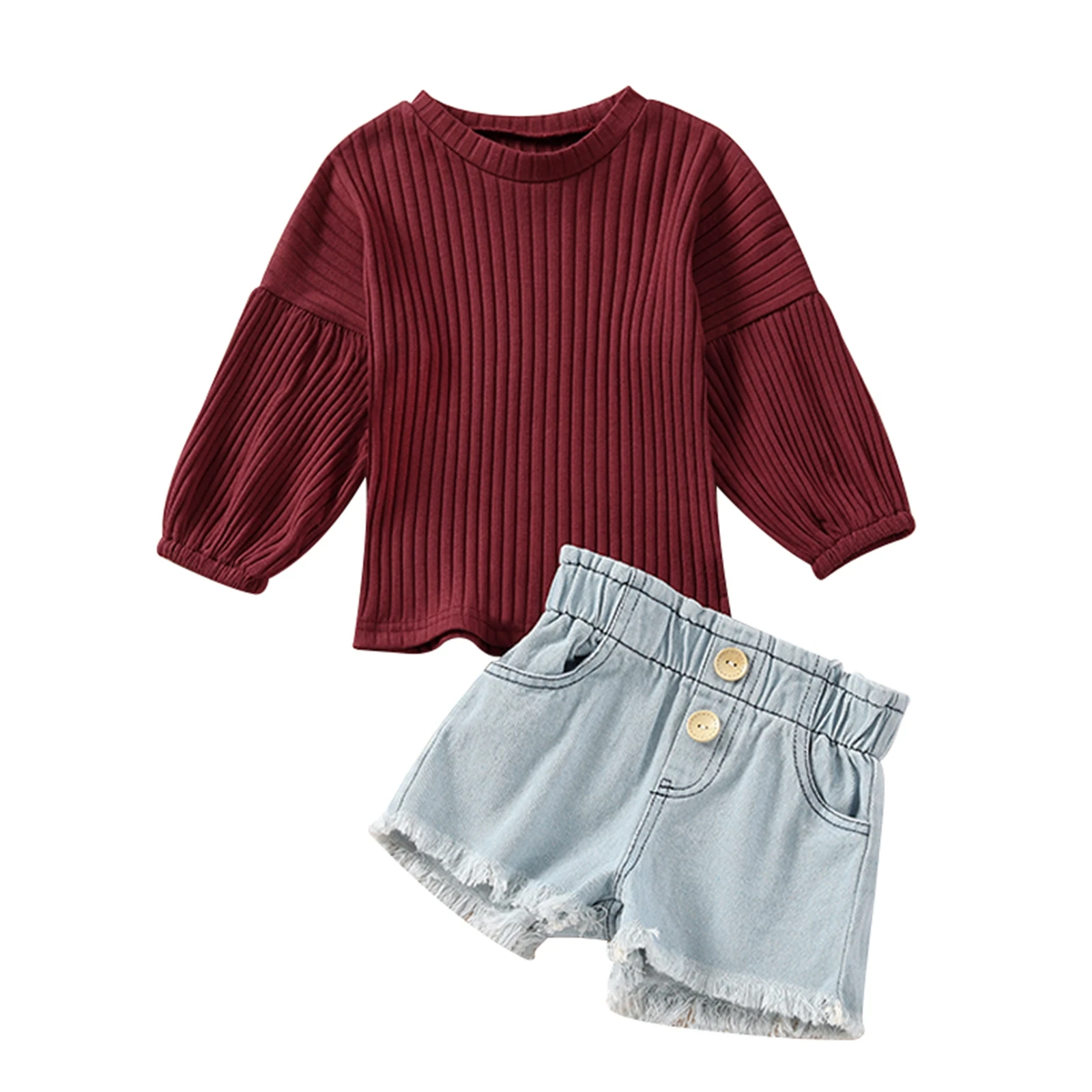 

Bmnmsl Kids Sweater Set Long Sleeve Puff Cuff Round Neck Tops Elastic Waist Buttoned Shorts, Kids Clothing