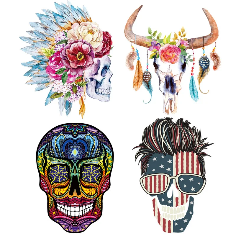 

Diy Sugar Skull Iron on Patches for Clothing T Shirt Indian Punk Heat Transfer Thermal Stickers Appliques for Clothes Jerssey