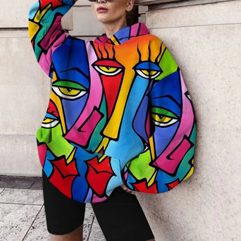 

New Streetwear Bright Contrast Face Eye Graffiti Design Thin Hoodies Sweatshirt Women Teens Girls Long Sleeve Winter Basic Tops