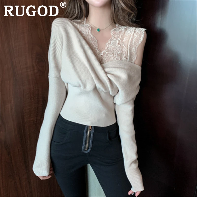 RUGOD Elegang office ladies knitted sweater Fashion lace patchwork V neck criss-cross pullovers female Korean casual solid tops | Женская