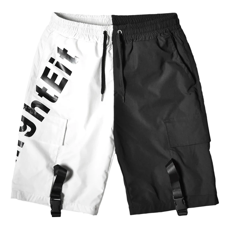 

Men Cargo Shorts 2021 Summer Patchwork Male Casual Shorts Elastic Waist Pockets Ribbons Hip Hop Men's Street Cargo Short