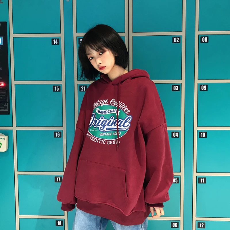 

With Hat Hoodies Women Print Hooded Womens Students Ulzzang Daily Korean Style Vintage Streetwear Outwear Loose Fashionable Chic