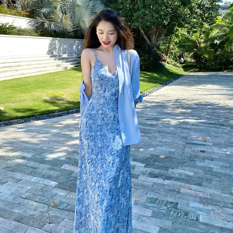 

2021 Women Summer Casaul Loose Knitted Suit Lady Floral Strap Dress and Long Sleeve Cardigan 2 Piece Set Female Elegant SetG847