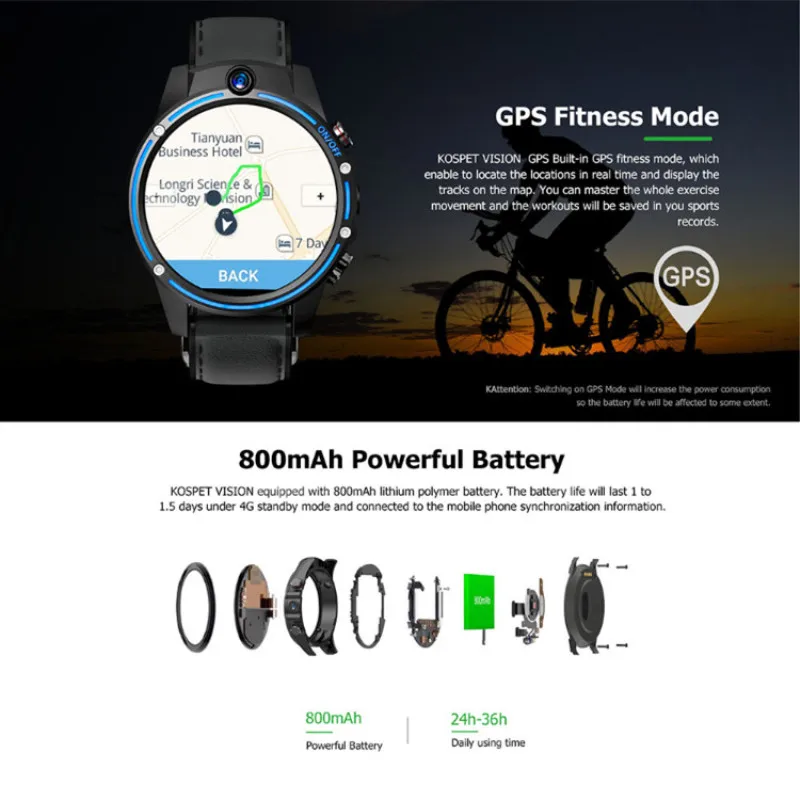 Оригинальные Смарт часы Kospet Vision 4G 1 6 дюйма IPS MTK6739 3 Гб ОЗУ 32 ПЗУ Android 7 GPS GLONASS 8 Мп + 5