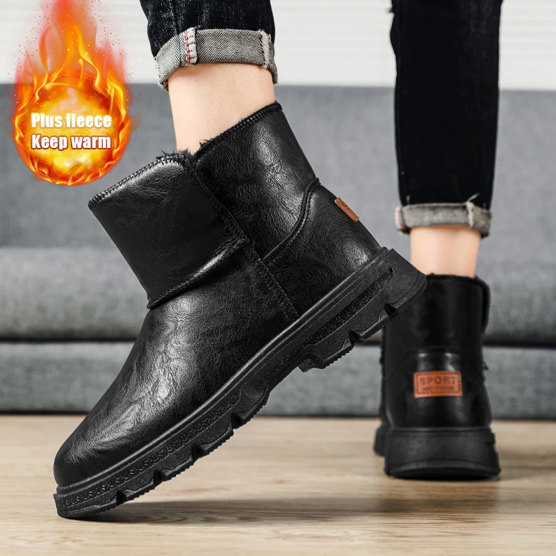 Мужские ботинки из искусственной кожи плюшевая теплая зимняя обувь для мужчин