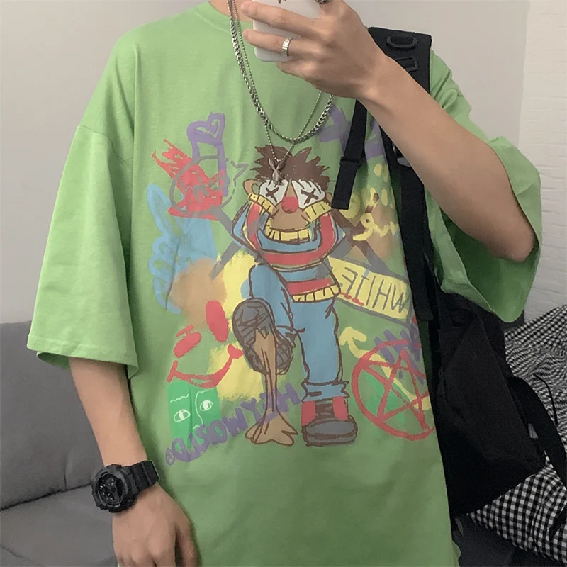 

Women's T-Shirt 2021 Hip Hop Harajuku Streetwear T-Shirt Five Points Sleeve Baggy Vintage Crew Neck Cartoon Pattern Casual TOP
