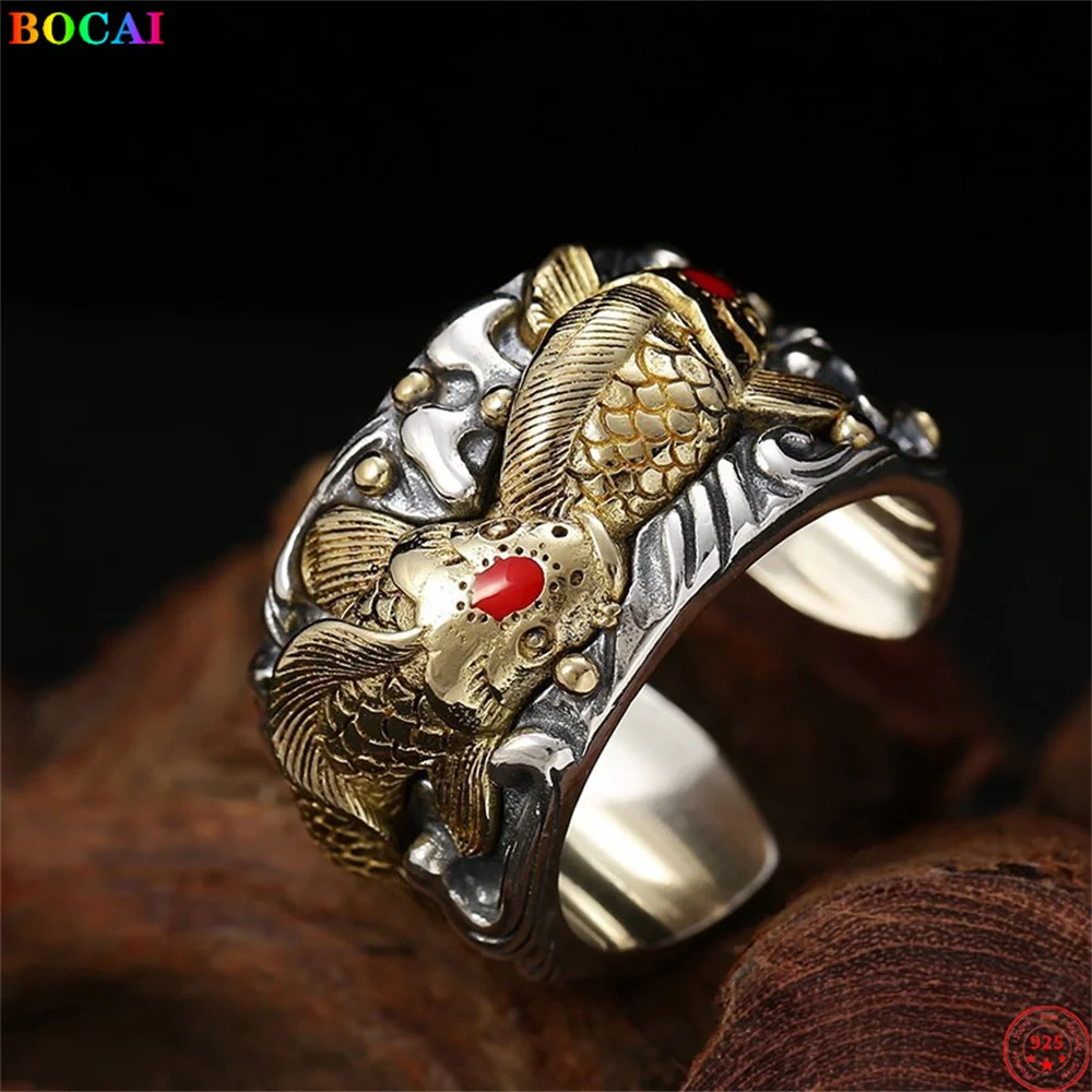 BOCAI S925 Sterling Silver Charm Rings 2022 Popular 3D Carving Koi Carp Totem Pure Argentum Punk Fashion Hand Jewelry for Men