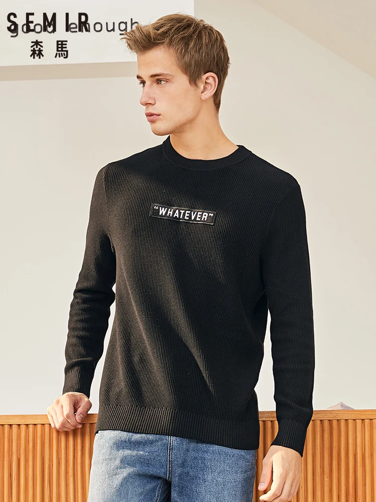 Мужской деловой свитер SEMIR черный с круглым вырезом и надписью в Корейском стиле