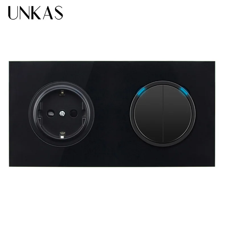 UNKAS Black Crystal Glass Panel 16A EU Standard Wall Power Socket 1 Gang Way Pass Through On / Off Light Switch | Обустройство дома