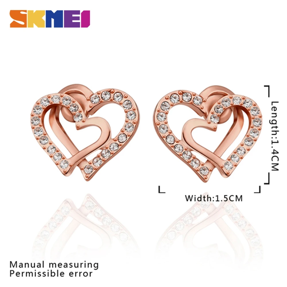 

SKMEI Diamond Heart Shaped Ear Stud For Girl 2021 Luxury Brand Rose Gold Double Heart Earrings E839
