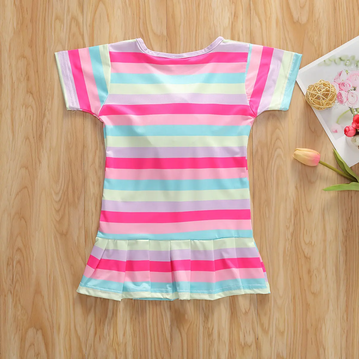 2020 Lovely Infant Baby Girls 1-5Y Dress Clothes Rainbow Striped Print Shorts Sleeve Ruffles Mini | Детская одежда и обувь