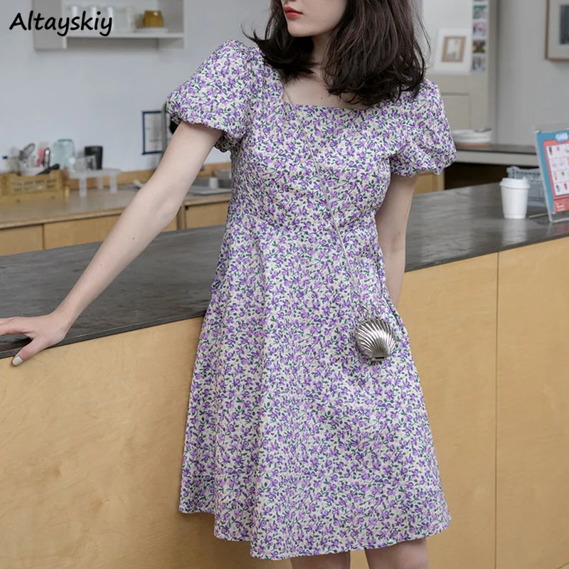 

Мини-платье женское с квадратным вырезом, элегантное милое стильное шикарное платье с принтом во французском стиле, с коротким рукавом-фона...