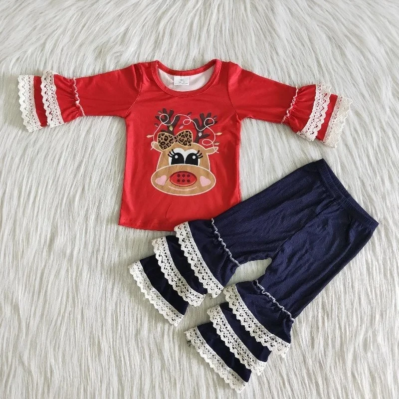 

Wholesale Children Boutique Clothes Christmas Reindeer Red Ruffle Long Sleeve Baby Girl Lace Outfit Denim Cotton Pants Kid Set