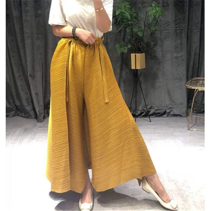 

2021 Miyake Pleated Women's Straight Pants Large Size Elastic Waist Straight Pants Thin Pleated Wide Leg Pants Flared Pants