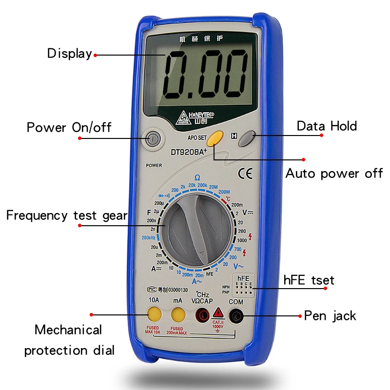 HONEYTEK Цифровой мультиметр DT9208A AC DC LCD Дисплей электрический портативный Вольтметр Амперметр Ом постоянной ёмкости, универсальный конденсатор тестер цифровой измеритель мощности