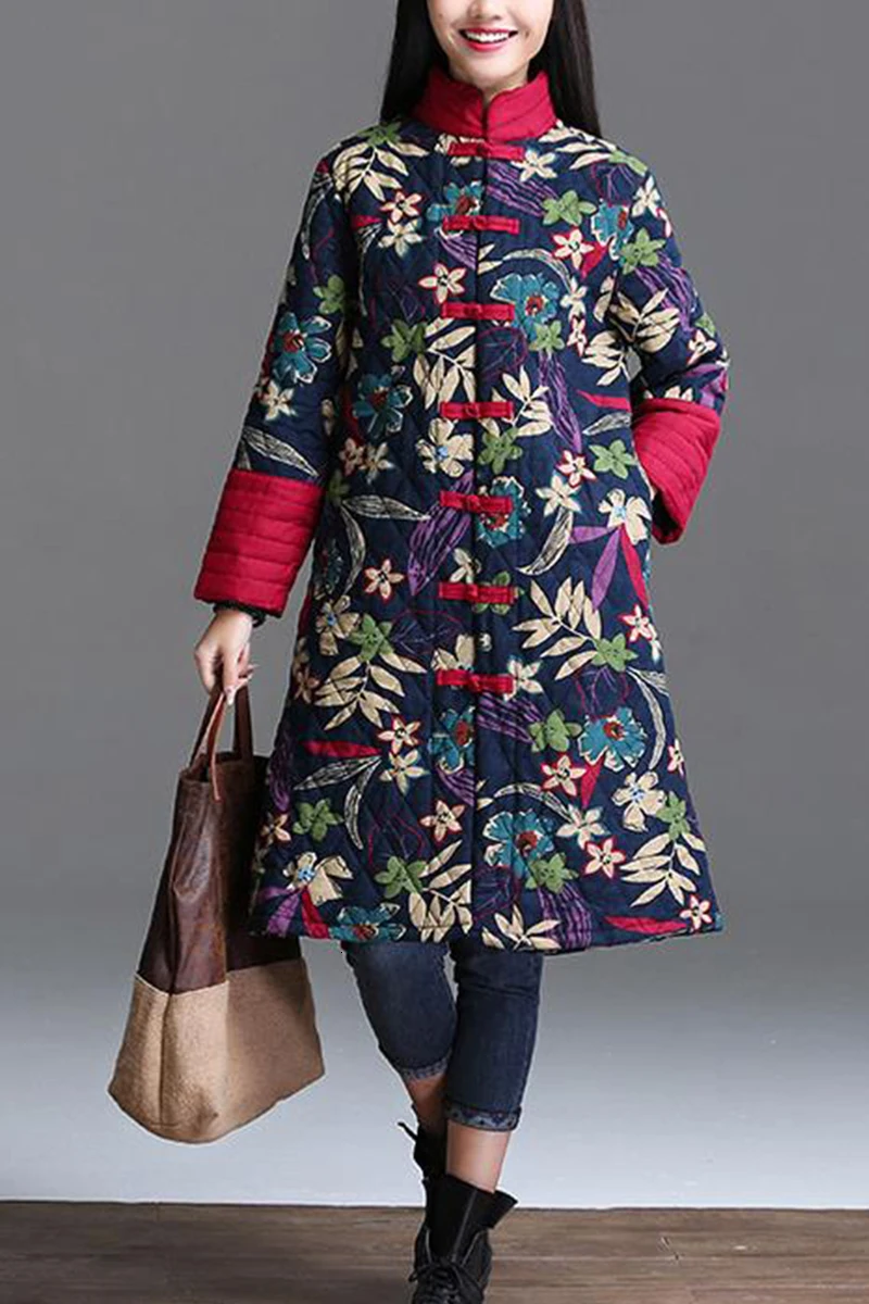 Китайская Красная Цветочная женская зимняя теплая длинная куртка винтажное