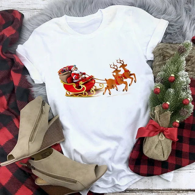 

Santa Claus and Elk Shirt Christmas Santa Claus Tees Christmas Treesnowman Cartoon Tees Happy New Year Holiday Fashion Shirt