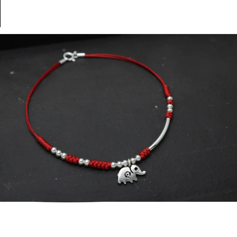 Серебряные женские браслеты на щиколотку с оберегом слона, удачной веревкой и красной ниткой.