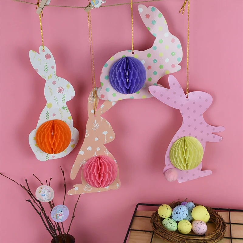 

4pcs/set Easter Honeycomb Rabbits Set Hanging Easter Decorations Kids Birthday Baby Shower Wedding Party Favor Supplies for Home