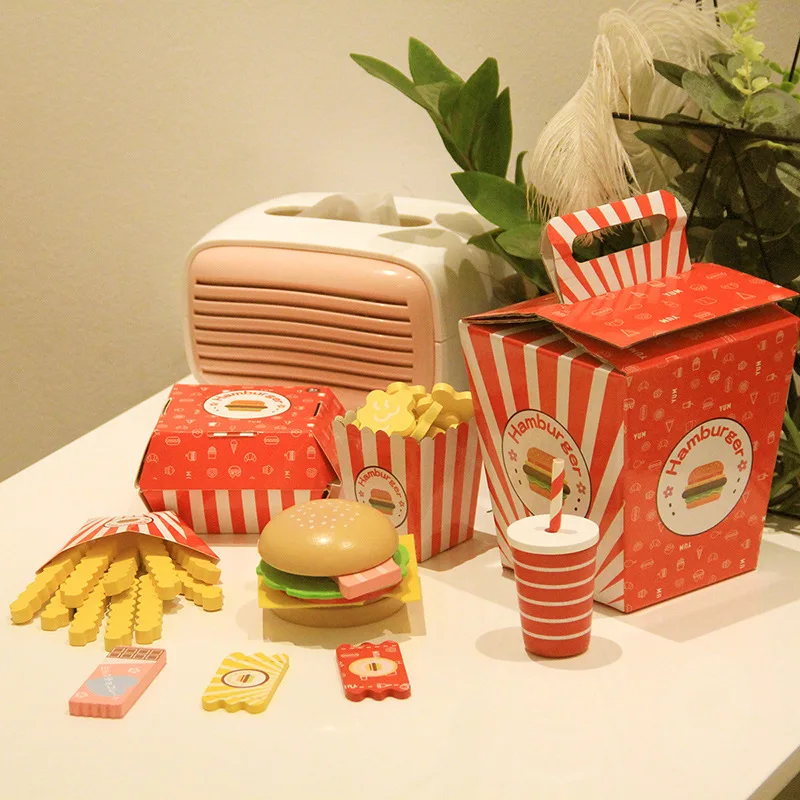 Mdeol-juego de simulaci&oacute;n de madera para ni&ntilde;os, hamburguesa, patatas fritas, comida r&aacute;pida, juego de simulaci&oacute;n, crea apilamiento, tus combinaciones de hamburguesas preferidas-0