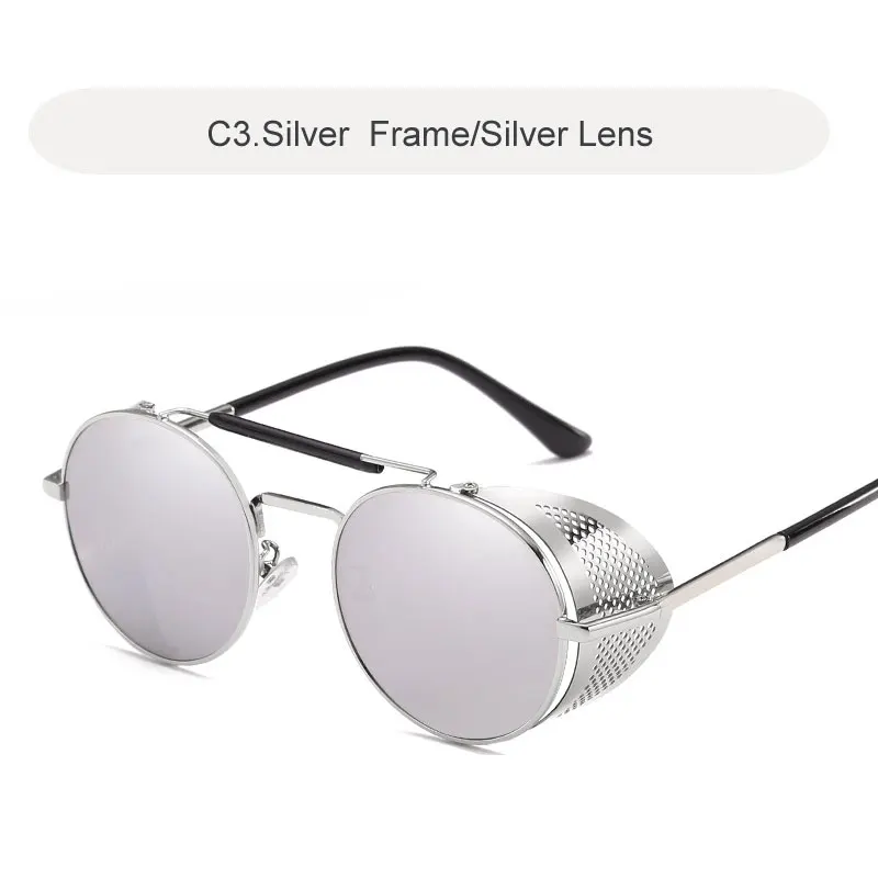 C3 Silver-Silver Готические солнцезащитные очки в стиле стимпанк для мужчин и женщин круглый металлический Ретро рамка мужские солнцезащитные очки Брендовые дизайнерские Панк мужские очки - Цвет линз: C3 Silver-Silver