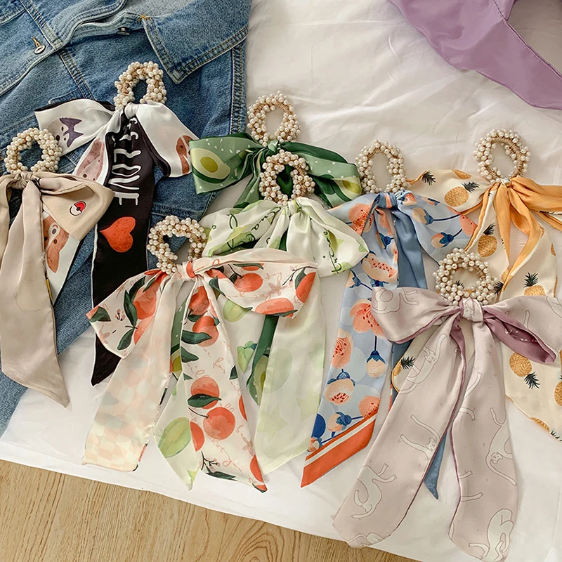 

Ladies Fringed Hairband Fruit Flower Printing Stretch Bow Hair Accessories Girl Hairband Korean Sweet Hair Rope Headdress