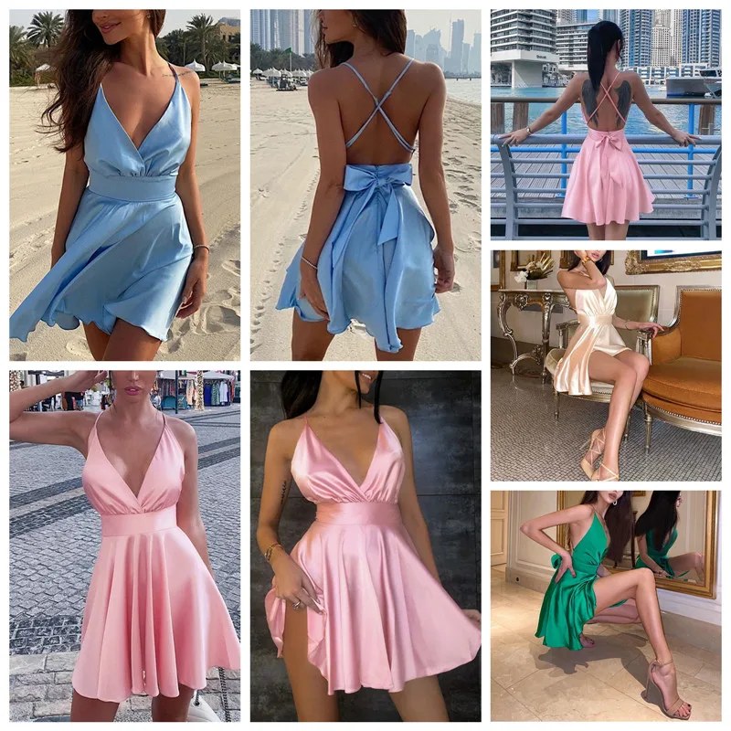 

Sexy Spaghetti Strap Backless Summer Dress Women Satin Short Mini Dress Elegant Bodycon Party Sleeveless V-neck Dresses 2021