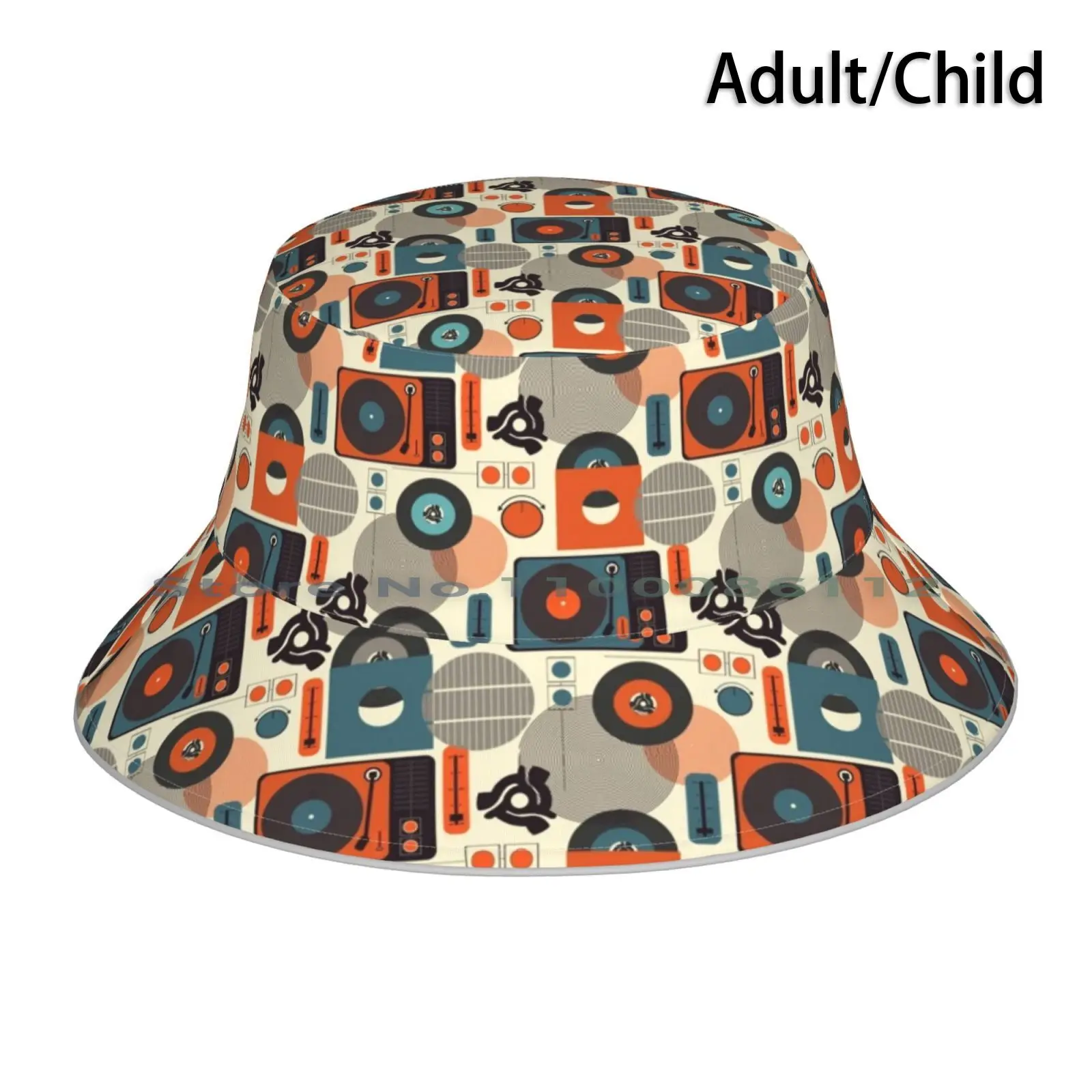 Medley Pale Bucket Hat Sun Cap Music Retro Vintage Orange Mid Century 45 Single Record Player Vinyl Foldable Outdoor Fisherman