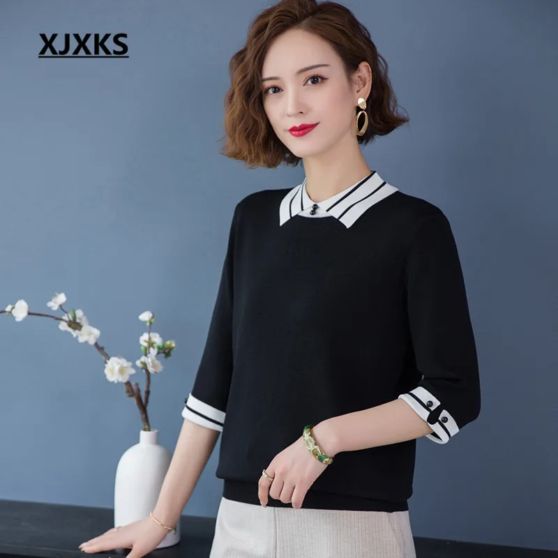 

XJXKS Fashion Lapel Women Middle sleeve Sweater 2021 Fall New High Quality Comfortable Casual Women Sweater Top