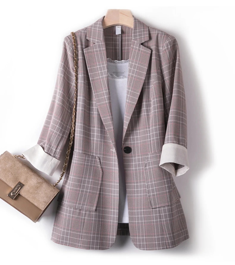 Women 2020 New Arrival Spring Autumn Plaid Suit Jackets Casual Thin Blazer Jacket Fashion Houndstooth Outerwear Tops | Женская одежда