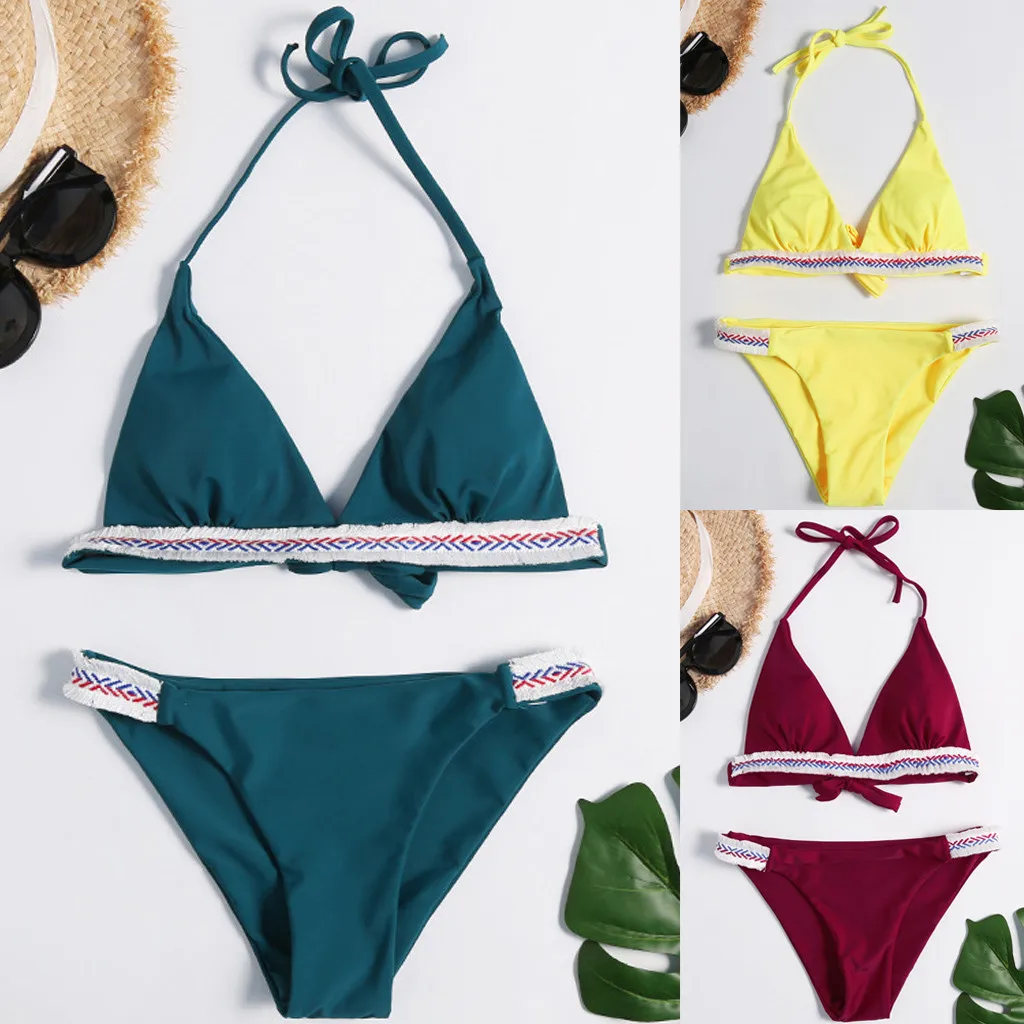 

Women's Sexy Patchwork Embroidery Bandage Split Bikini Swimwear Swimsuit Female biquini Tankini push up swimsuit