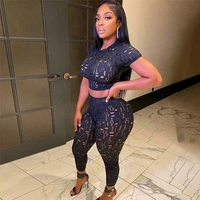 stylish lady black hollow out 2 piece set women short sleeve o neck crop top and long pencil pant set 2021 sexy club outfits