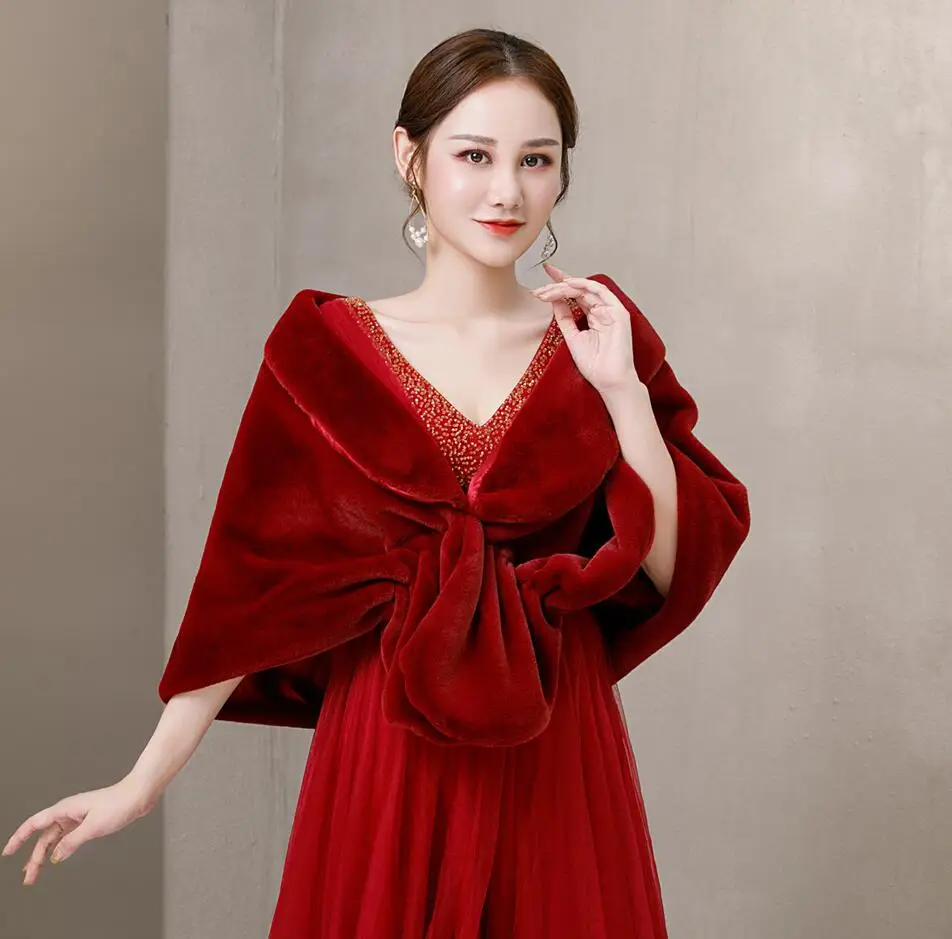 Бесплатная доставка зимнее свадебное болеро без рукавов теплое темно красное из