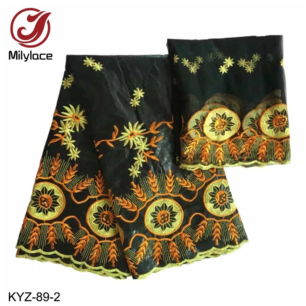 

New Arrival Black African BAZIN fabric with embroidery cotton material 5 yards + lace fabric 2 yards for clothing KYZ-89