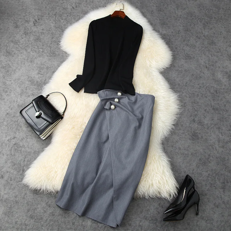 

European and American women's wear 2020 winter new style Long - sleeved black sweater Beaded irregular skirt Fashion suits