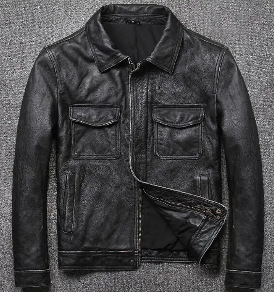 Мужская винтажная куртка в стиле ретро черная бомбер из 100% натуральной овечьей