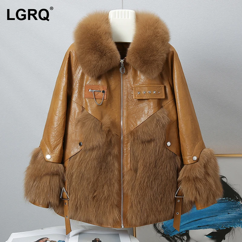

[LGRQ] Pu Patchwork Thick Warm Faux Fox Fur Jacket New Lapel Long Sleeve Women's Coat Fashion Tide Autumn Winter 2021 19D4638