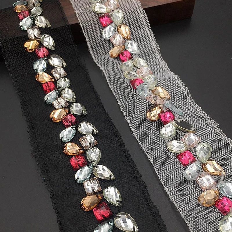 

2 ярдов пришить Кристалл бисером кружевной отделкой 4,5 см ручной работы стразы на сетчатой основе Ткань аксессуары для одежды