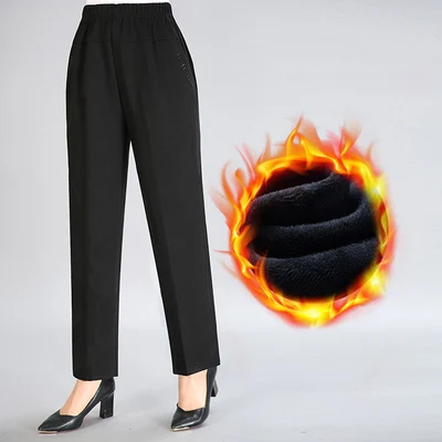 black Plus velvet Большие бархатные брюки для женщин среднего возраста, модные повседневные свободные женские брюки с эластичной резинкой на талии, большие размеры, теплые женские зимние брюки - Цвет: black Plus velvet