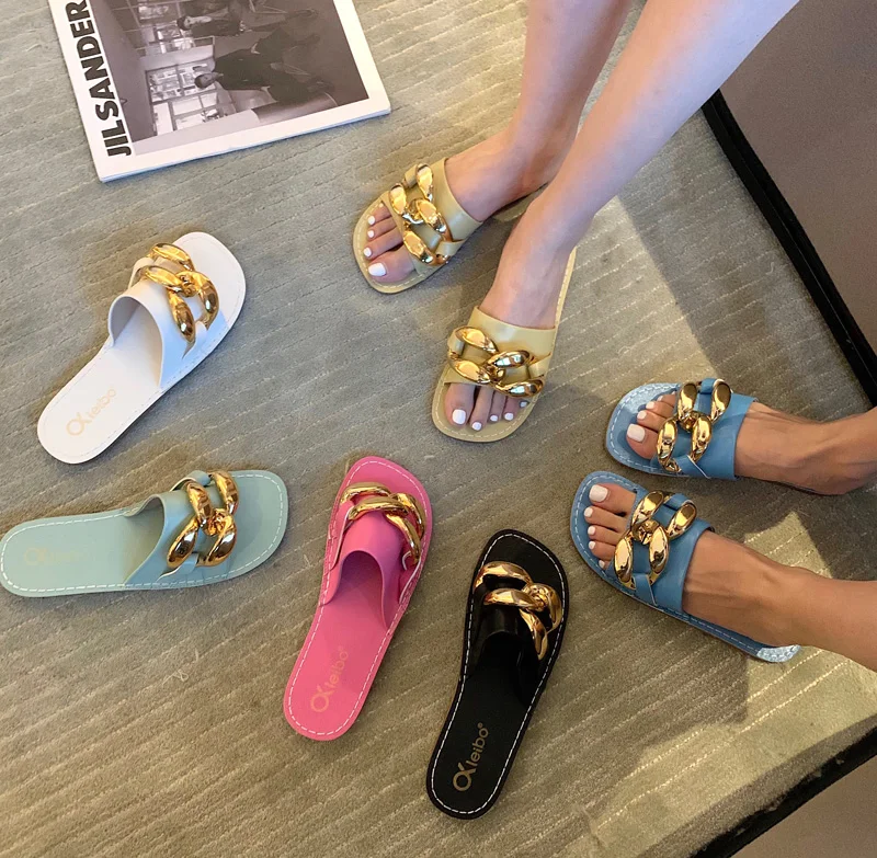 

New Brand Design Gold Chain Women Slipper Closed Toe Slip On Mules Shoes Square head Low Heels Casual Slides Flip Flop