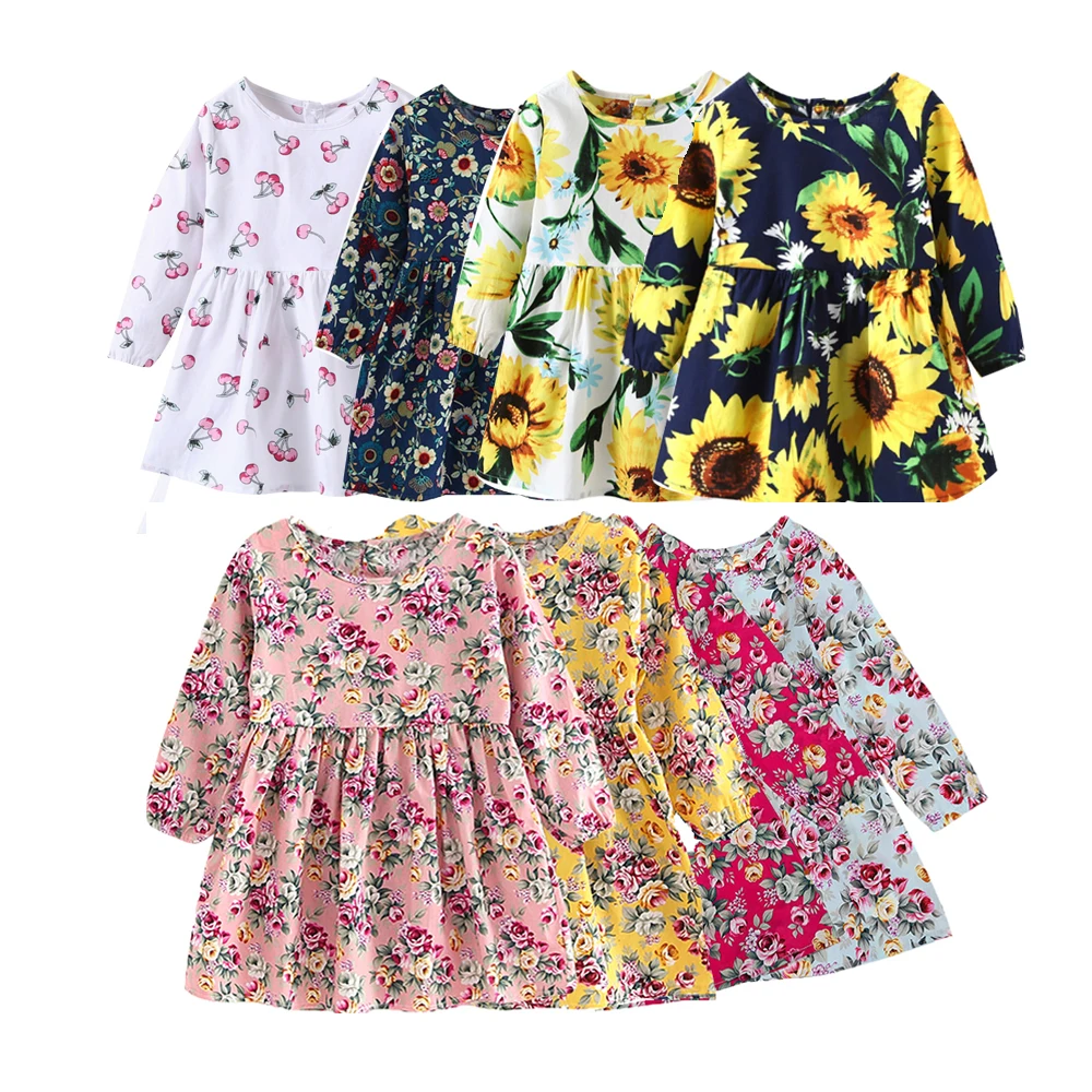 New Kids Long Sleeve Dresses Girls Flower Printed Princess Dress Summer Children Clothing 2 3 4 5 6 7 Years Girl Elegant Outfits | Детская
