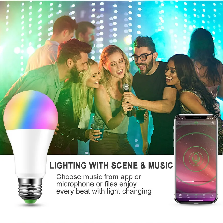 RGB Bluetooth умная Светодиодная лампа E27 15 Вт с регулируемой яркостью голосовое