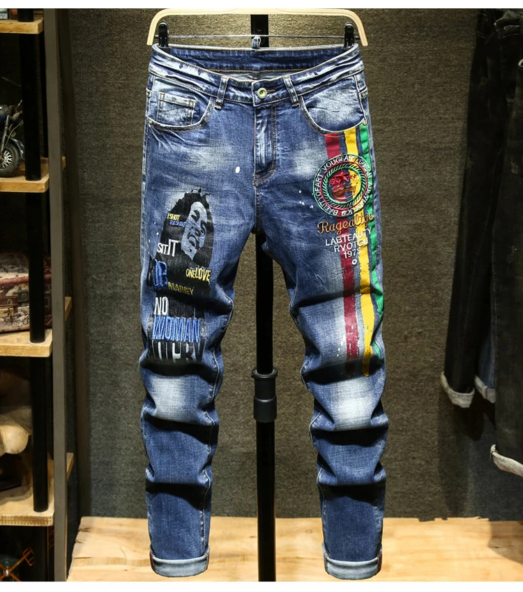 

2021 New Men's Personality Letter Embroidery Painted Stretch Denim Jeans Streetwear Fashion Slim Straight Pants