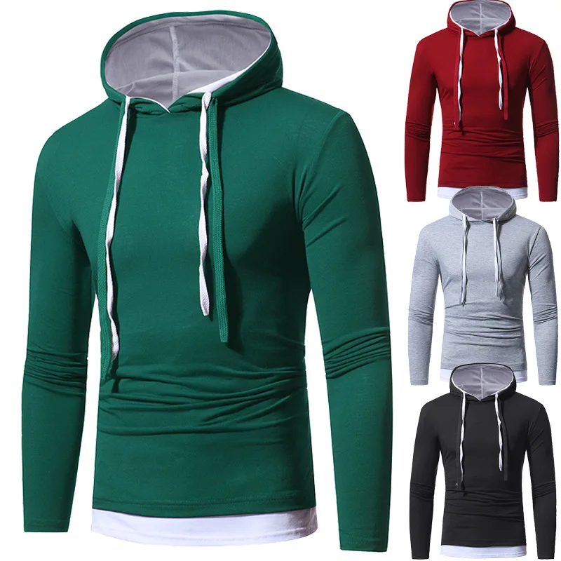 

Men's Hooded T-Shirt Long Sleeve Solid Color Pullover T-Shirt with Drawstring Casual Fake 2-In-1 Slim Patchwork Tops