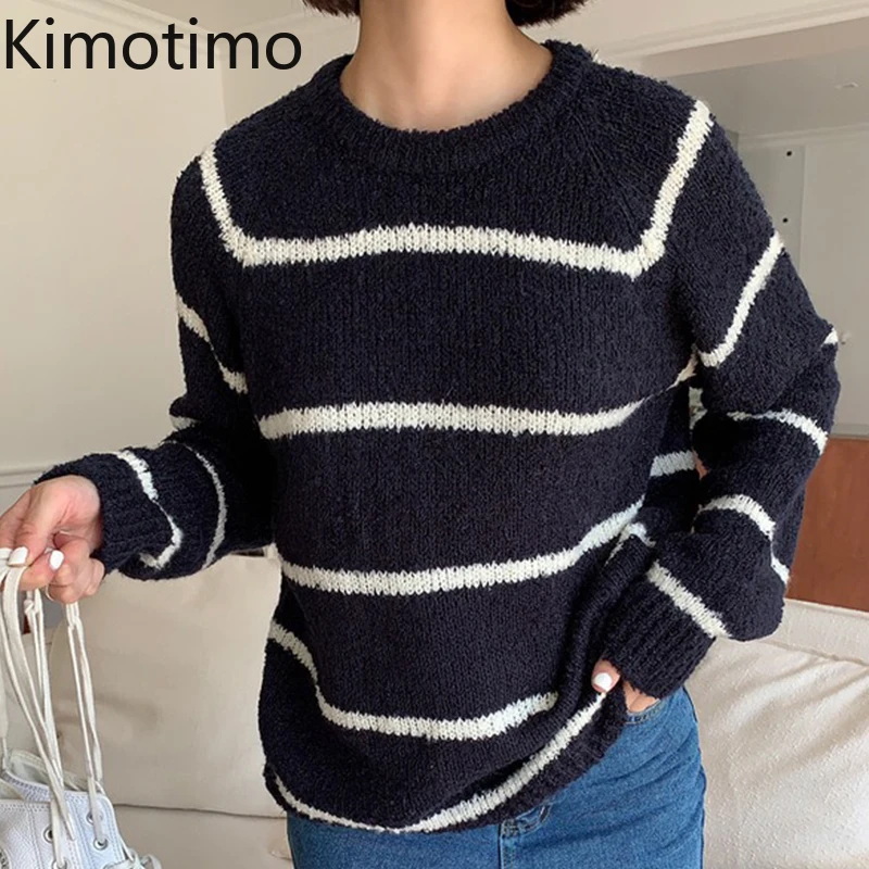 

Трикотажный пуловер Kimotimo в полоску для женщин, корейский Повседневный контрастный свитер с круглым вырезом, осенние свободные универсальн...