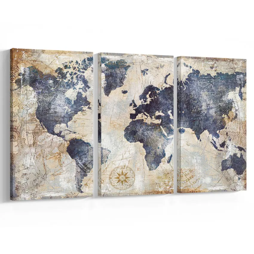 

3Panel Watercolor World Map Modular Painting Posters And Prints On Canvas Travel Lovers Gift Wall Art Picture For Living Room