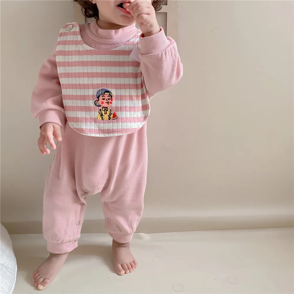 

2021 Baby Spring Romper Boy Girl Round Neck Cartoon Embroidery Long-Sleeved Striped Jumpsuit