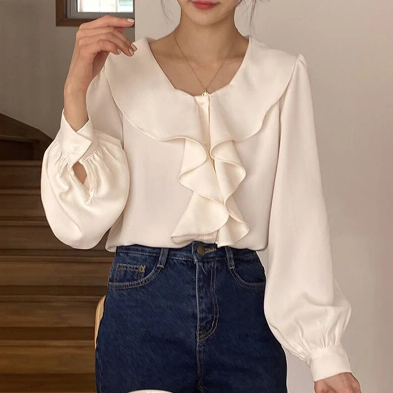 

ZAWAHIKI Blouses Korean Solid Elegant Blusas Mujer 2021 Spring O-neck Puff Sleeve Single Breasted Loose Fashion Women Shirts
