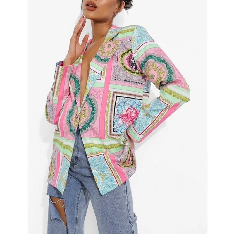 

Vintage Irregular Graphic Print Womens Blazers Long Sleeve Office Ladies Fashion Jackets Casual Y2k Fashion Tops 2021 Autumn New