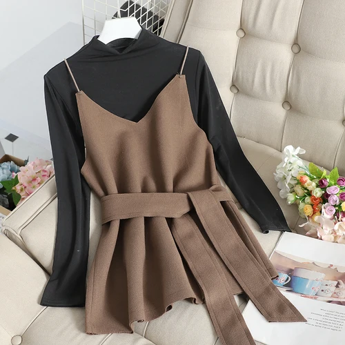 black brown Neploe/комплект из 2 предметов в Корейском стиле пуловер с высоким воротником и длинными рукавами+ шерстяной жилет на шнуровке для женщин, элегантный комплект из 2 предметов, 54861 - Цвет: black brown